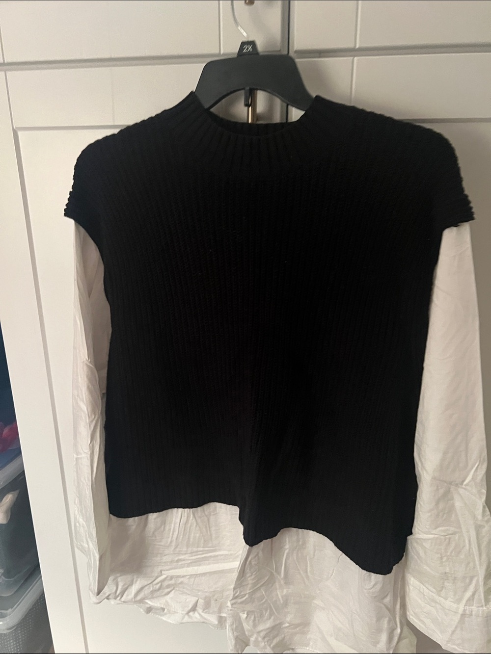 Calvin Klein Black Knit Overlay Top with White Shirt Sleeves
